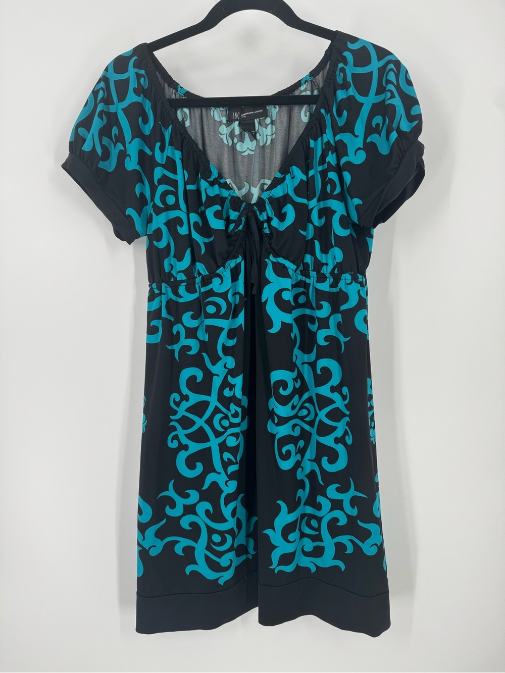 INC International Concepts Petite L Dress Black Turquoise Empire Waist Stretch